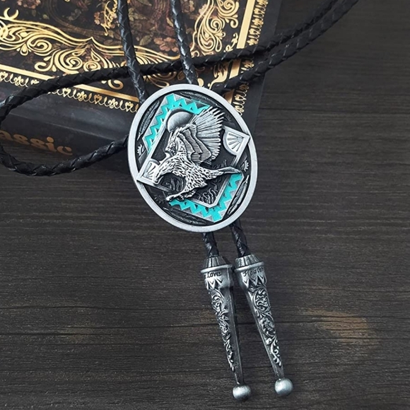 Native American style Turqouise color leather eagle bolo tie - Picture 2 of 3